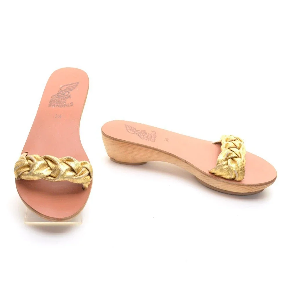 Ancient Greek Sandals Gold Braided Wooden Slides 39
